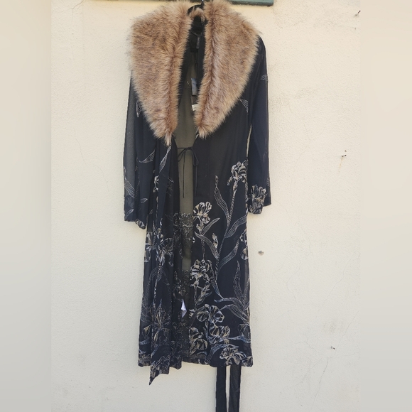 BCBGMaxAzria Sheer Embroidered Fur Trim Kimono - Picture 3 of 13